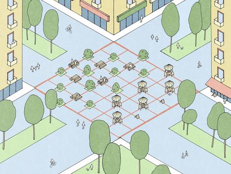 An architectural plan of a public space with enough space between benches.