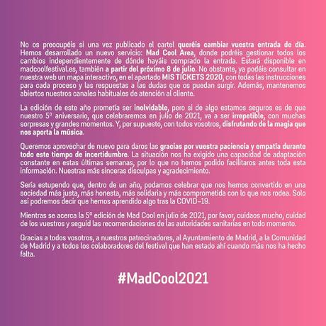 Mad Cool detalla el proceso para la devolución de entradas y anuncia fechas para 2021 Mad Cool detalla el proceso para la devolución de entradas y anuncia fechas para 2021
