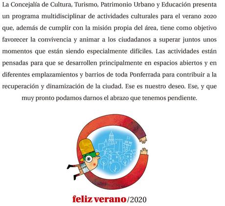 Actividades culturales Ponferrada Verano 2020. ‘Ponferrada te abraza’