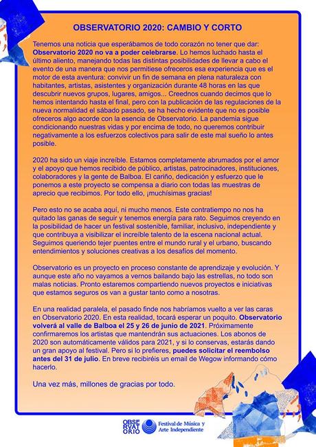 El Festival Observatorio de Balboa esperará al 2021