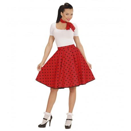 Faldas rocieras Azucenas de color negra con lunares blancos y rojos, va  acompañada de la blusa goyesca de color rojo. Se puede completar el modelo  con un …