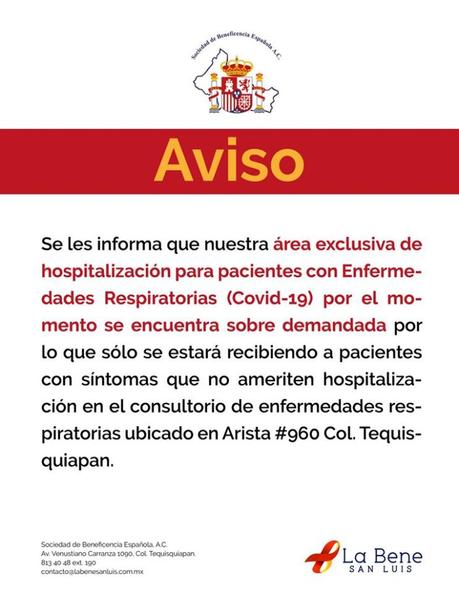 La BENE SLP: saturada su área asignada al COVID-19