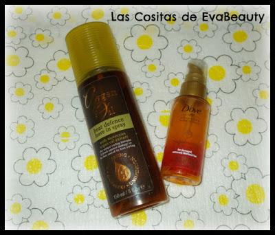 Spray térmico con argán de Argan Oil y Sérum capilar Dove terminados empties