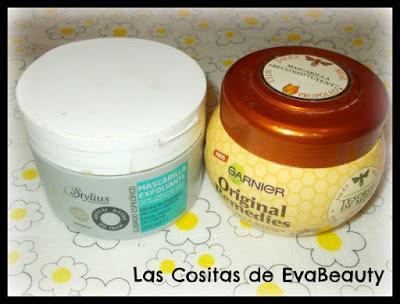 mascarilla exfoliante capilar deliplús y mascarilla tesoros miel Garnier terminadas empties