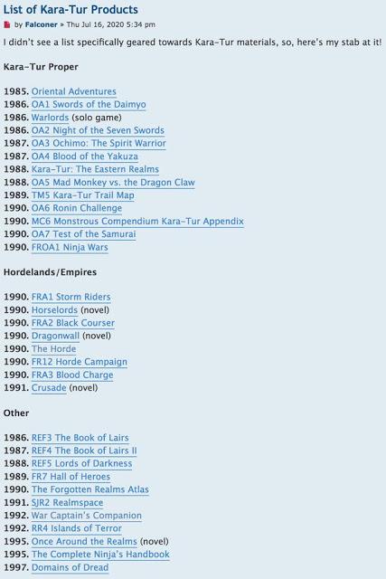 Listado de material de Oriental Adventures/Kara-Tur para AD&D