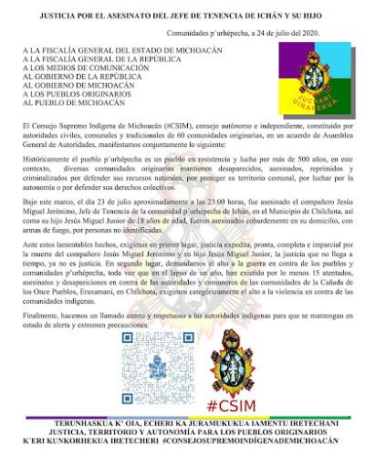 JUSTICIA POR EL ASESINATO DEL JEFE DE TENENCIA DE ICHÁN Y SU HIJO
