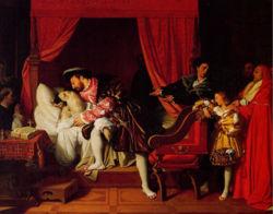 Recreación pictórica de la muerte de Leonardo en los brazos de Francisco I. Recreación tradicional de la muerte del genio