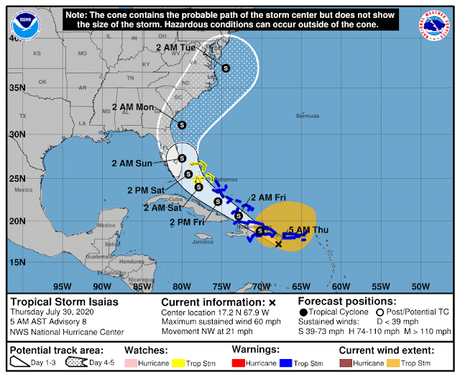 Tormenta Isaias adquiere mayor fuerza, a pocas horas de su entrada a República Dominicana.