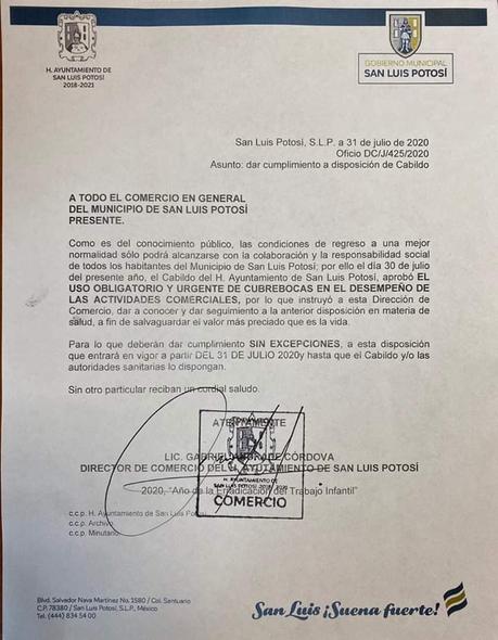 Ahora es obligatorio usar cubrebocas en comercios de San Luis Potosí