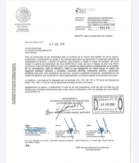 Declaran uso obligatorio de cubrebocas en todo SLP