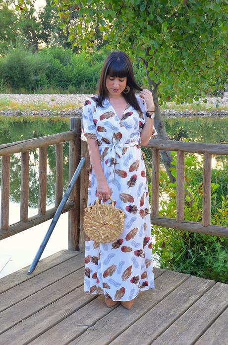 Maxi vestido de plumas