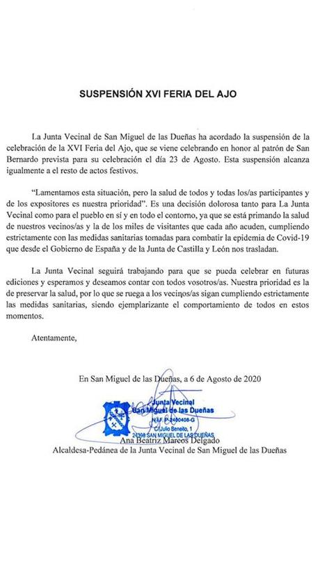 San Miguel de las Dueñas suspende la XVI Feria del ajo prevista para el 23 de agosto