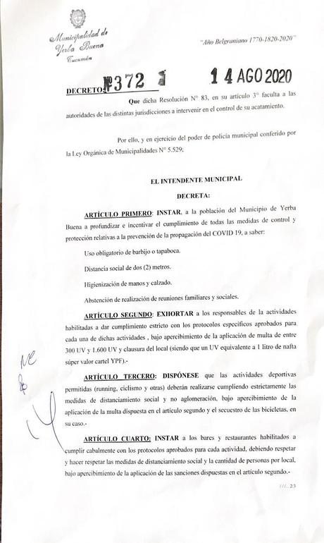 Yerba Buena: Multas de hasta 90 mil pesos a quienes no cumplan con el protocolo