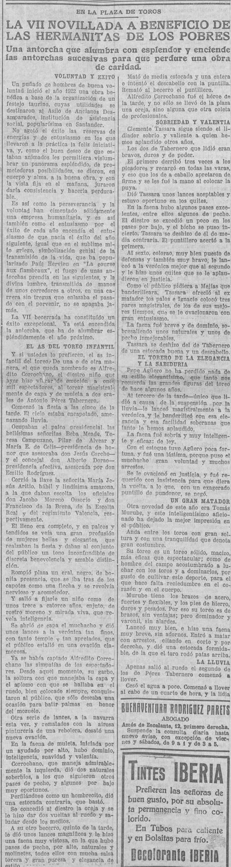 Santander 1928:Corrochano,Tassara,Sánchez Mejías, José Agüero y Tomás Murube en la novillada de las Hermanitas