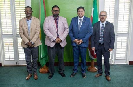 From left are Minister of Foreign Affairs, Hugh Todd; Guyana’s President Mohamed Irfaan Ali; President Chandrikapersad Santokhi of Suriname; and Suriname Minister of Foreign Affairs, Albert Ramdin