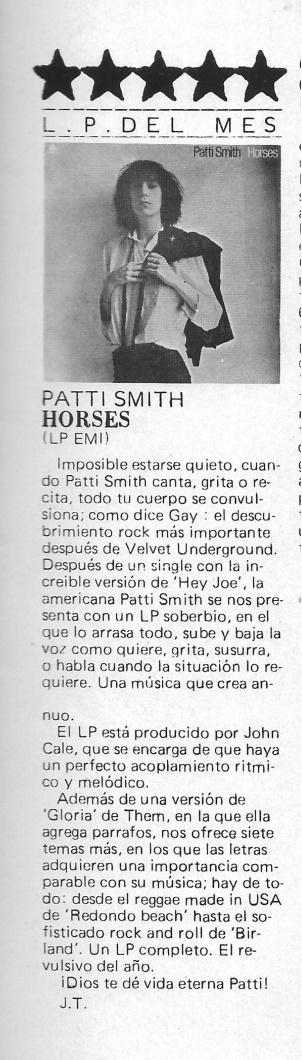 Infierno Patti Smith Popular Abril 1976 Reseña 