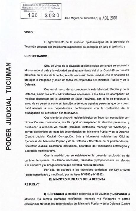 Suspenden la atencion presencial en el Ministerio Pupilar y de