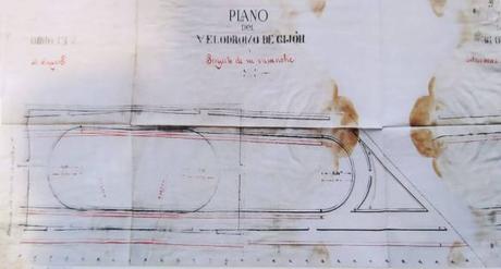 En este plano del Velódromo Municipal de Gijón, construido circa 1890. se aprecia su froma trapezoidal con una pista de 250 metros y espacio para ponr tribunas móviles para las competiciones - Desde Gijón y en Bicicleta Etapa 2: Los gijoneses pioneros del XIX
