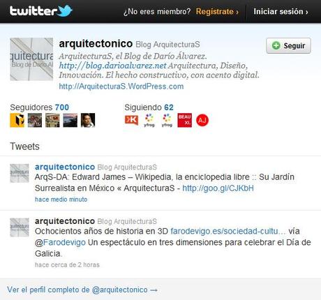 @arquitectonico ya cuenta con 700 seguidores (followers) en Twitter