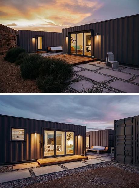 wood decks vanity area storage picture window modern shipping container house main bedroom living room kitchen Joshua Tree guest suite container color palette white casas recicladas casas modernas casa con contenedores casa con containers california bi-folding doors bathroom airbnb  