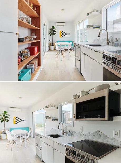 wood decks vanity area storage picture window modern shipping container house main bedroom living room kitchen Joshua Tree guest suite container color palette white casas recicladas casas modernas casa con contenedores casa con containers california bi-folding doors bathroom airbnb  