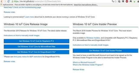 Web de descarga Windows 10 IoT Core