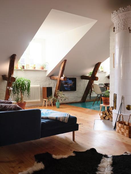 wooden kitchen vintage furniture vintage scandinavian vintage penthouse scandinavian vintage planta abierta open kitchen open concept nordic kitchen muebles madera natural hardwood floor estilo nórdico vintage dormitorio infantil con literas distribución ático duplex distribución abierta cocina abierta chimenea cerámica sueca altillo en ático  