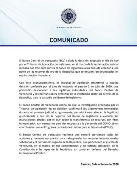BCV espera retomar control de oro venezolano tras fallo de justicia británica BCV espera retomar control de oro venezolano tras fallo de justicia británica