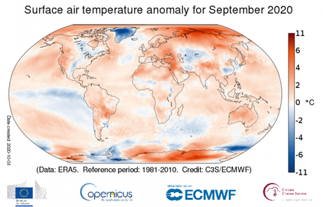 Siguen los récords en 2020! A nivel mundial el pasado mes, fue el septiembre más cálido registrado, superando a su análogo más caluroso en 2019