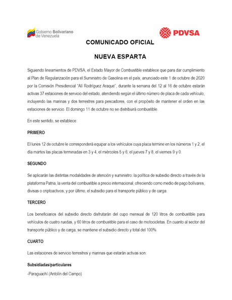 Nueva Esparta: Distribución de gasolina se retoma este lunes con placas 1 y 2
