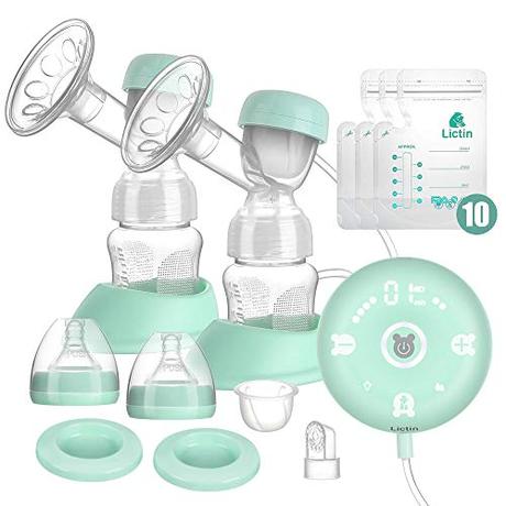 Lictin Sacaleches Eléctrico-Extractor de Leche Doble Portátil de Silicona Inteligente con Pantalla Inteligente, 2 Modos, 10 Ajustes, 10 Bolsas Ieche Materna