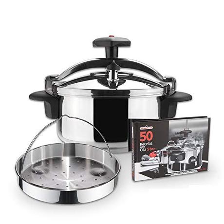 MAGEFESA STAR Olla a presión rápida. Pack exclusivo Olla+Cestillo+Libro de recetas. Fácil uso, acero inoxidable 18/10, apta para todo tipo de cocinas, incluido inducción, 3 sistemas de seguridad. (4L)