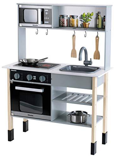 Theo Klein 7199 Cocina Miele, Cocina blanca de madera que,incluye placa de cocción,Elegantes accesorios de cocina de acero inoxidable y madera, a partir de 3 años, 70 cm x 30 cm x 91 cm
