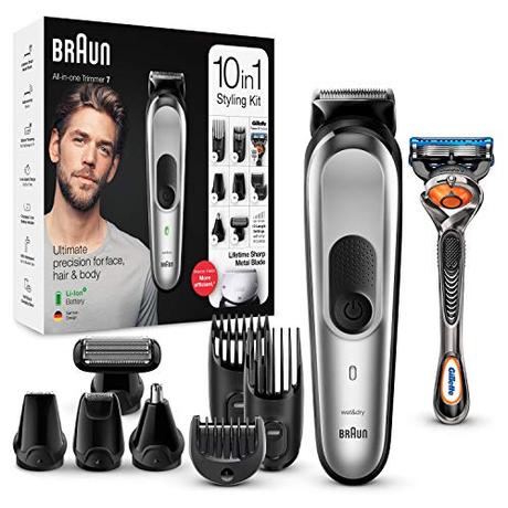 Braun Recortadora MGK7220 10 en 1, Máquina recortadora de barba, set de depilación corporal y cortapelos para hombre, color gris plateado
