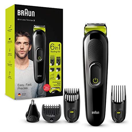 Braun Recortadora MGK3221 6 en 1, Máquina recortadora de barba, cortapelos, recortadora facial, para nariz y orejas para hombre, color verde eléctrico