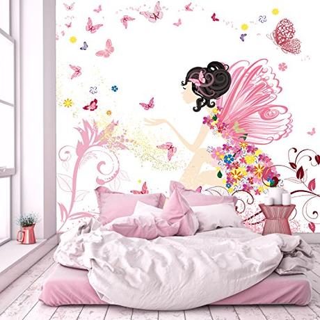 murimage Papel Pintado Infantil 274 x 254 cm Incluyendo Pegamento Fotomurales viveros Hada Flores Mariposas Chicas kínder Rosa niñas