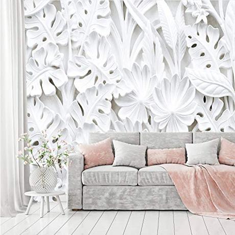 murimage Papel Pintado Flores 3D 366 x 254 cm incluye pegamento Plantas Florales Estuco Blanco Dormitorio Salon Fotomurales Pared
