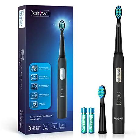 Cepillo de Dientes Eléctrico, Fairywill Cepillo Eléctrico a Pilas con 3 Modos, Temporizador Inteligente Incorporado, 2 Cabezales de Requesto, Negro
