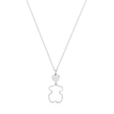TOUS - Collar de Plata de Primera Ley con Colgante de Oso - Largo 45 cm, Corazón 0,84 cm y Silueta Oso 1,9 cm