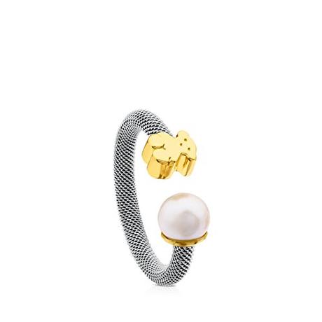 Anillo TOUS Icon Mesh de acero y oro amarillo de 18kt con perla de 0,65-0,7 cm