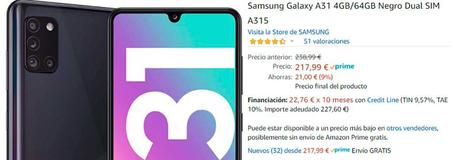 Precio mínimo del Samsung Galaxy A31, con más de 80€ de descuento