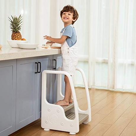 Torre de aprendizaje, ¿es útil? Mangohood En pie Aprendizaje Torre Cocina Ayudante Dos Step Stool Escabel con Manejas Bebé Niños pequeños Baño Orinal Formación Paso Taburete (Gris)