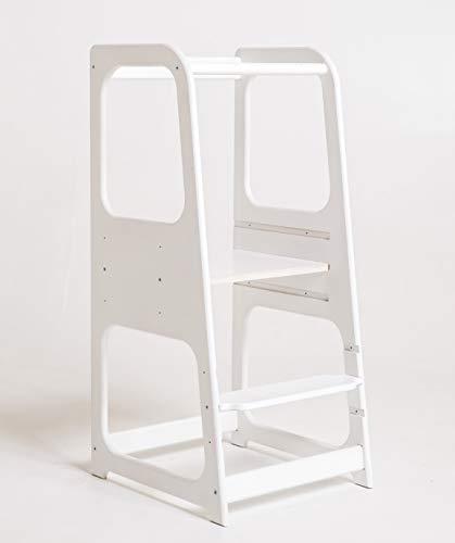 Torre de Aprendizaje Montessori - Plataforma de Madera para Trepar en la Cocina para Bebés y Niños - Torres Ajustables para Encimeras y Mesa - Taburete Seguro y Duradero - Learning Tower - Blanco