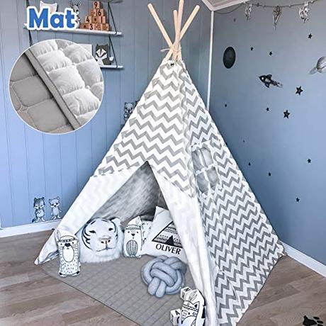 Teepee Tent para niños con colchoneta Acolchada - Tienda de campaña para niños y niñas de Interior y Exterior, Gris Chevron Heavy Cotton Canvas Teepee