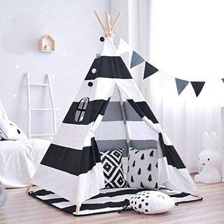 LUVODI Tienda India Infantil Tipi Infantil para Niños Tienda de Campaña de Niños con Puerta y Ventana para Hogar y Al Aire Libre 120 x 120 x 160 cm (Blanco y Negro)