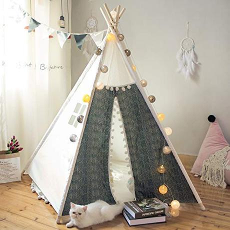 TreeBud Kids Teepee Play Tent Interior Outdoor Five Poles Indian Tents Niños pequeños Niños Niñas Playhouse Pom Pom Lace Cotton Canvas Tipi con Bolsa de Transporte (Impresión)