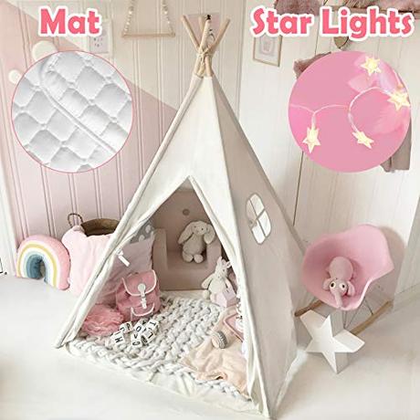 Tiny Land Tipi Niño con Alfombra y Bolsa de Mano y Bolsillo Tienda Infantil Indio Completa Lona Blanco Crudo (163 cm de Altura)