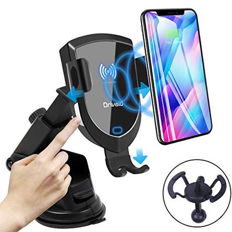 Drivaid Cargador Inalambrico Coche Carga Rápida, 10W/7.5W Qi Soporte Inductivo Infrarrojo Automático con Clip y Ventosa, Compatible con Galaxy S9/S9+/S8/S7, iPhone XR/XS/XS MAX/X/8