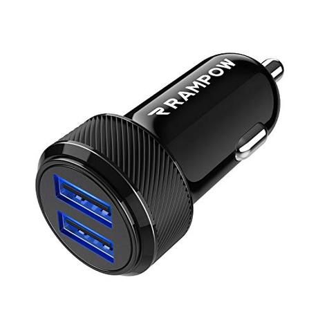 RAMPOW Cargador de Coche Doble Puerto con LED, 24W 4.8A Cargador de Coche fácil de Cargar, Cargador de Coche para teléfonos y tabletas, iPhone, Samsung, LG, HTC, Sony, Huawei, Xiaomi y más - Negro