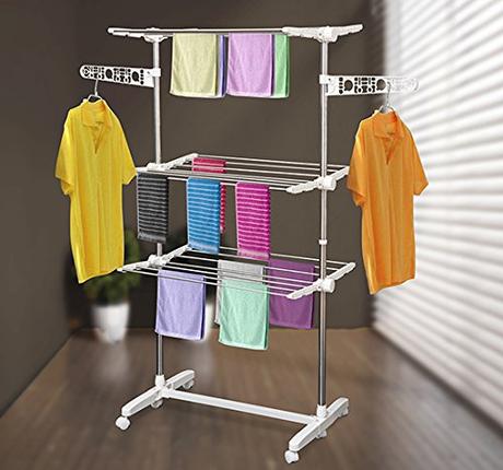 Tendedero de pared o tendedero de techo: cual comprar HOMCOM Tendedero Ropa Plegable 6 Ruedas 3 Niveles (80-142) x55x152 cm Altura Regulable